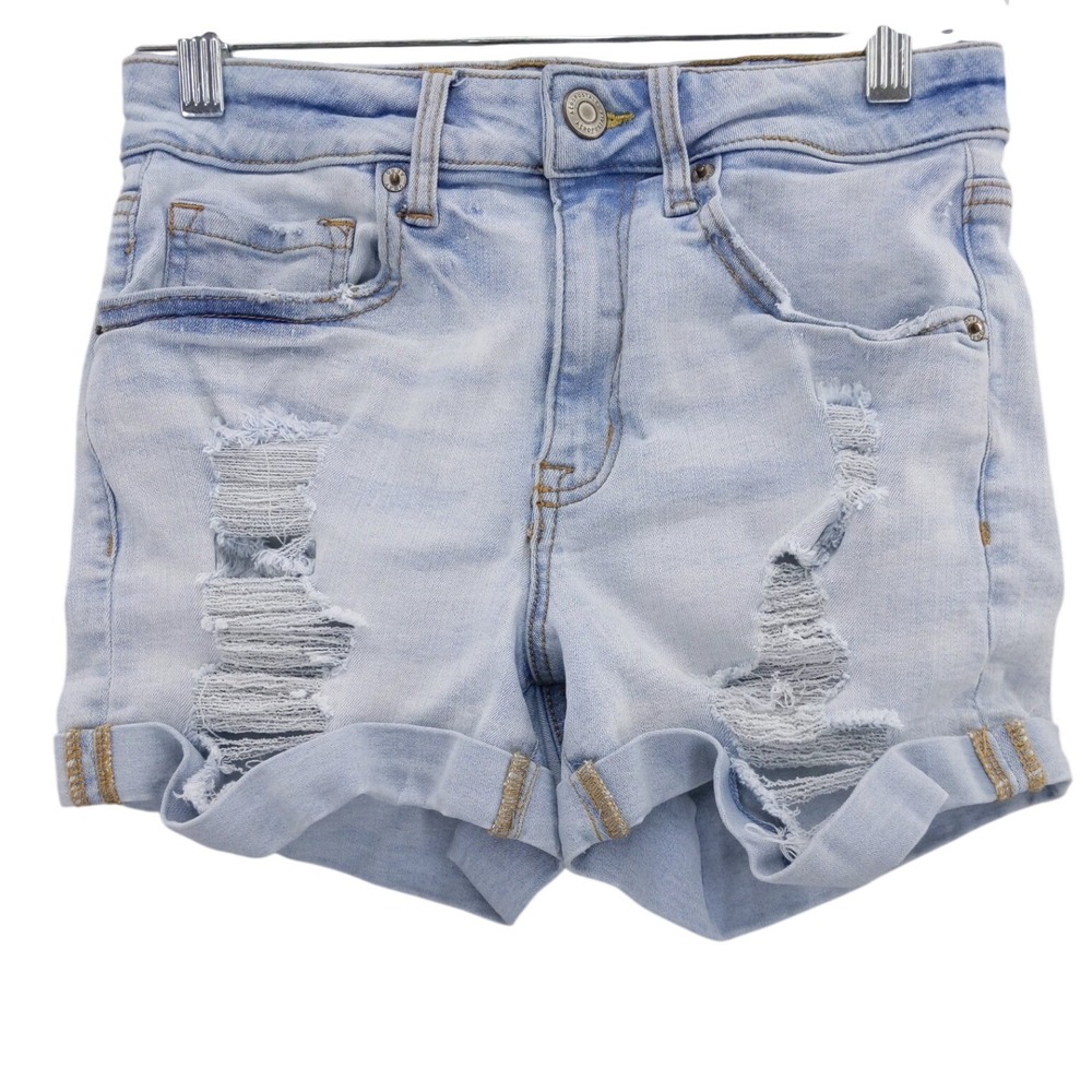 Aeropostale Shorts Women 4 Light Blue Distressed High Rise Midi Denim Distressed